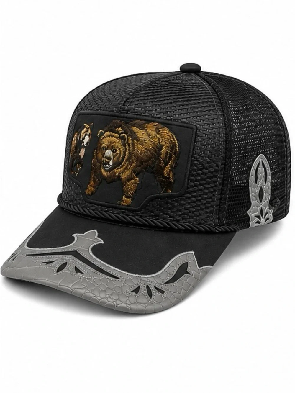 Black Trucker Hat Bear Embroidered Patch Western Mesh Snapback Cap Silver Bill